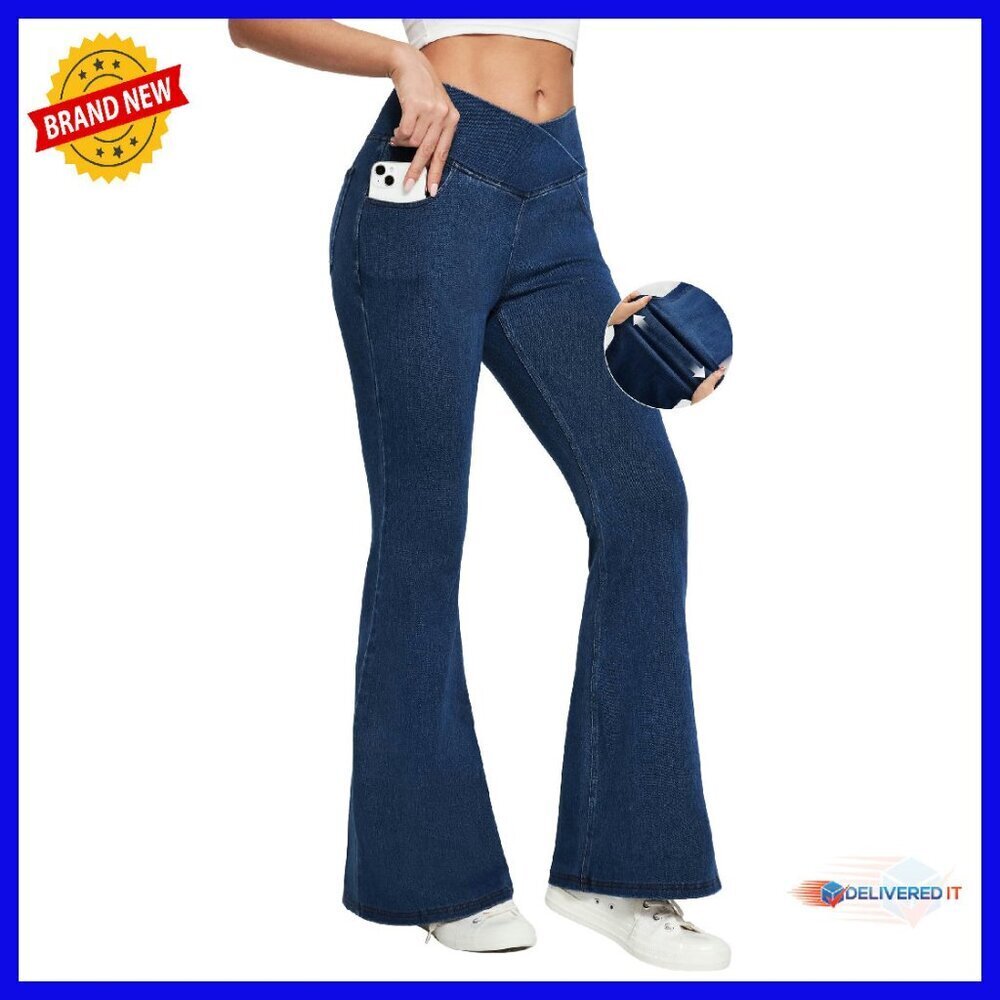 High Waisted Tummy Control Flare Jeans Stretchy Pull On Jeggings